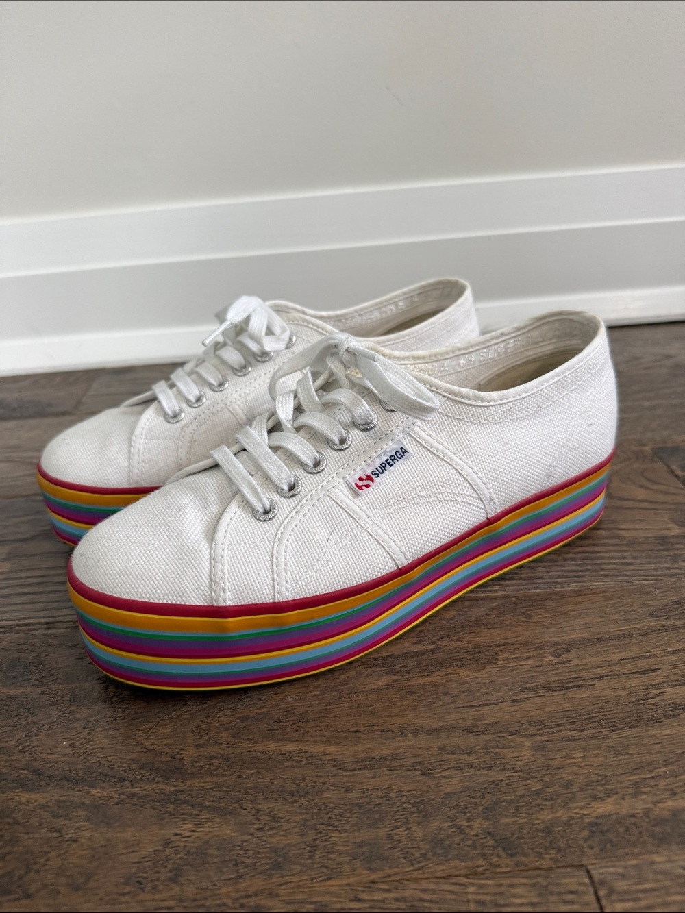 Superga White Canvas Platform Sneakers with Rainbow Stripe Sole - Picture 4 of 6